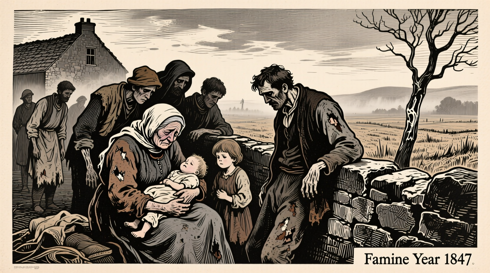 Historical illustration of Irish famine victims
