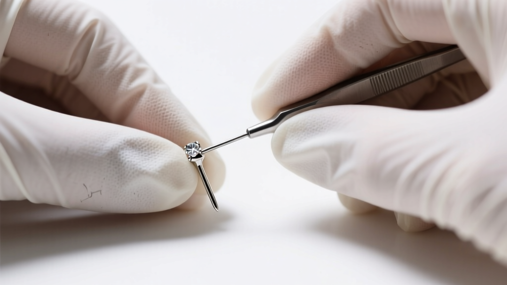 Hands in nitrile gloves bending the pin of a 16-gauge threadless Avanti jewelry post at a fifteen degree angle, close up.