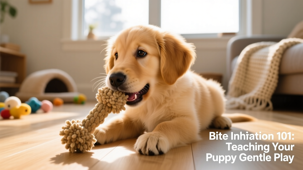A golden retriever puppy gently mouthing a soft chew toy during playtime