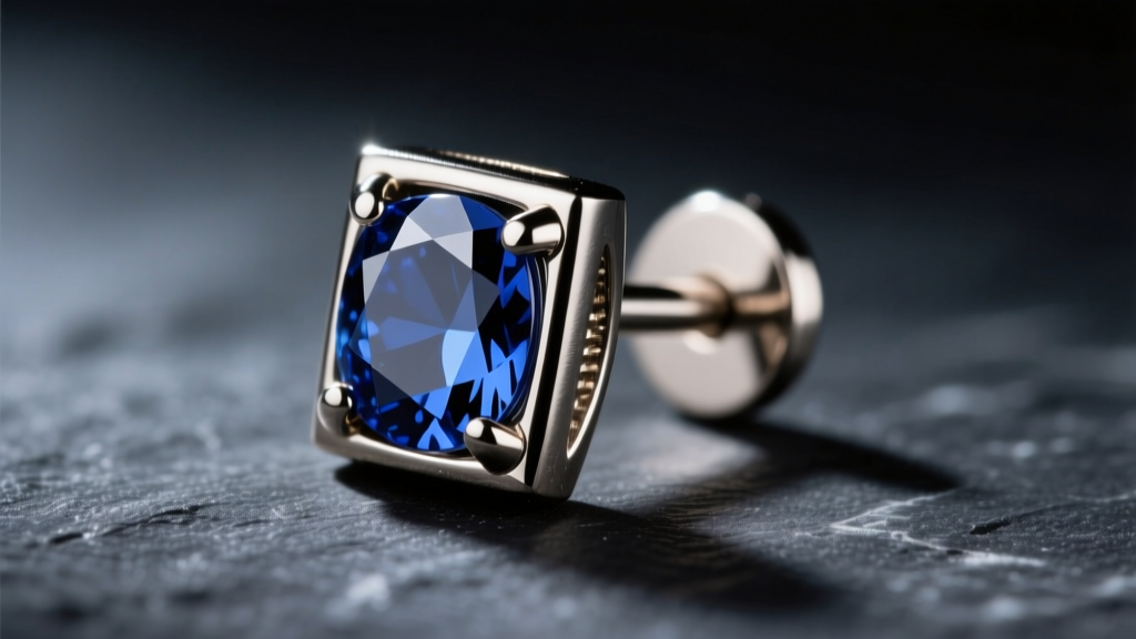Close-up of 14-gauge titanium threaded stud earring with bezel-set sapphire on dark slate under dramatic side lighting