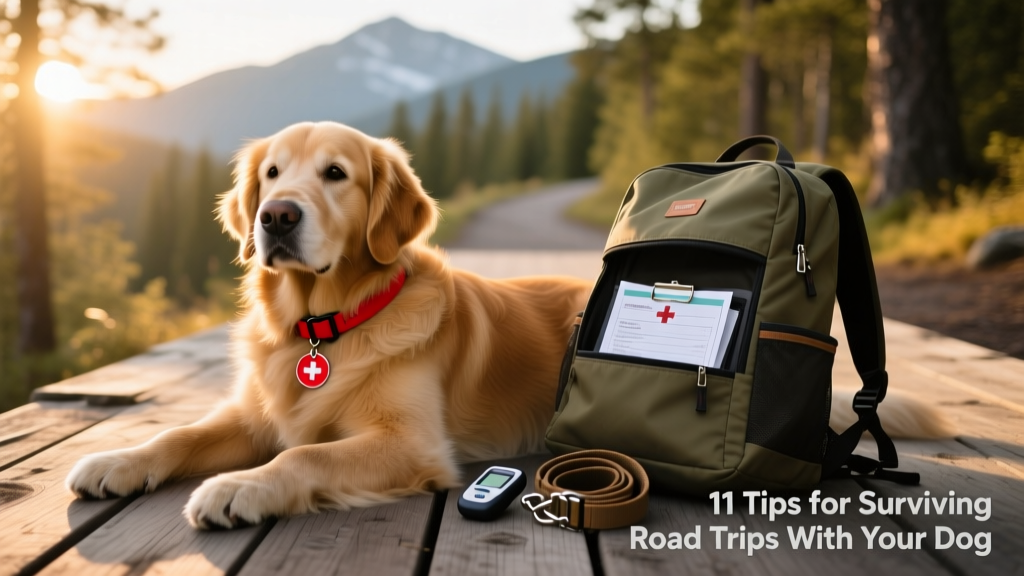 A dog wearing a bright ID collar with tags, resting calmly beside a travel-ready backpack containing medical records and a microchip scanner