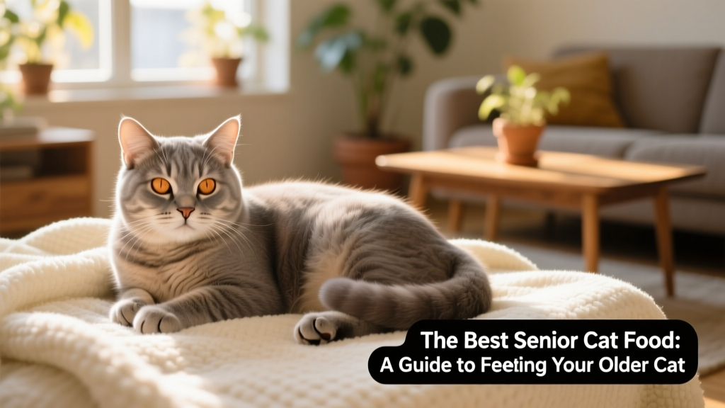 Senior cat resting comfortably on a soft blanket, showing calm demeanor and gentle expression