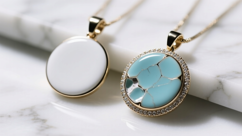 Close-up comparing a pristine cold enamel pendant to one with micro-chipping along the bezel edge, photographed on white marble.