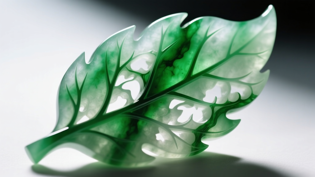 Close-up of a jade leaf carving showing sharp, hand-tooled undercuts and natural fibrous inclusions under directional light.
