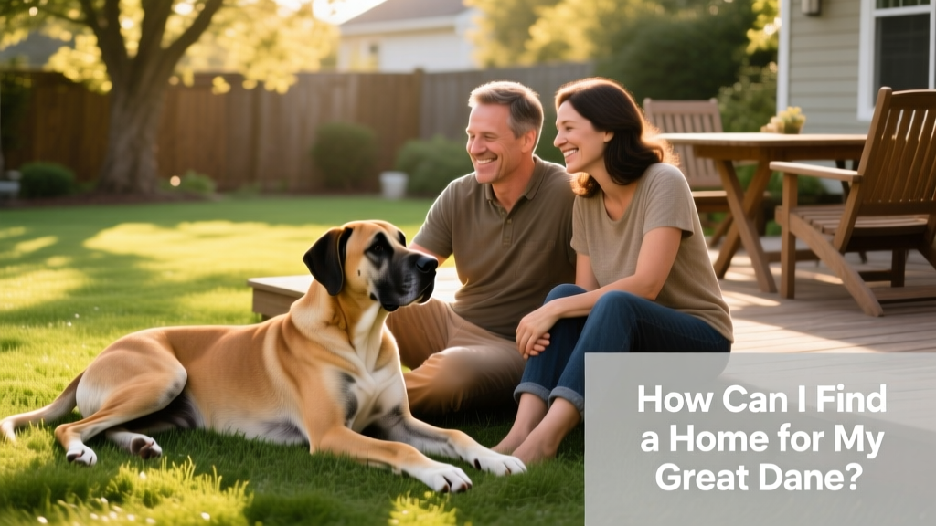 Two adults and a relaxed Great Dane sitting together on a grassy backyard patio, smiling and interacting calmly