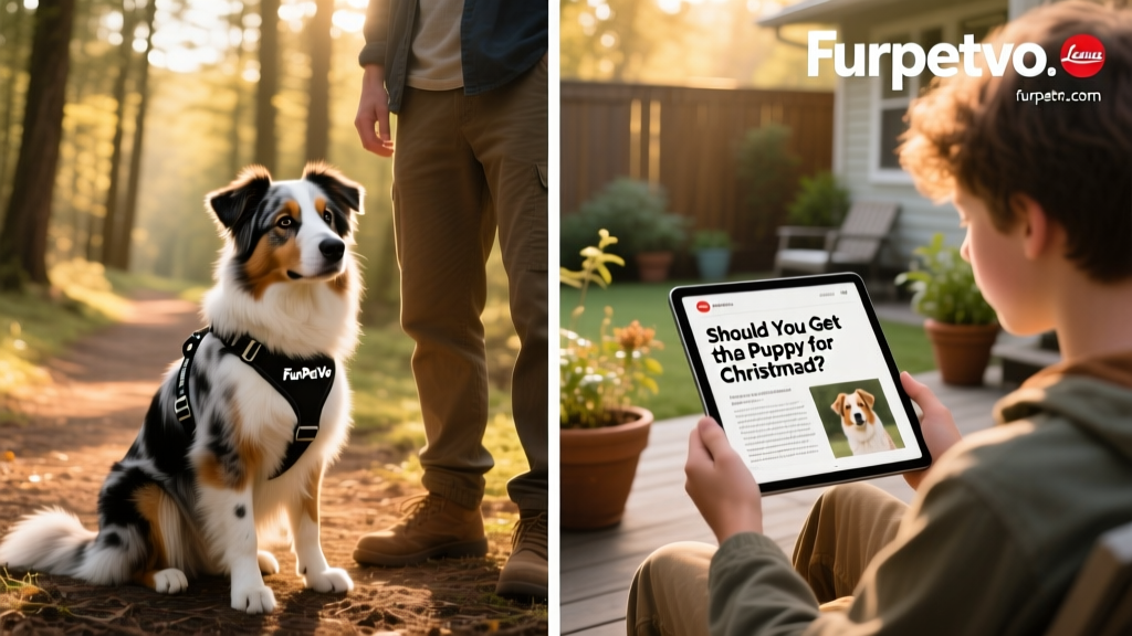 Side-by-side photos: one showing a calm, well-trained Australian Shepherd sitting beside its owner on a trail; another showing a young person reading FurPetVo's 'Choosing the Right Breed' guide online at furpetvo.com