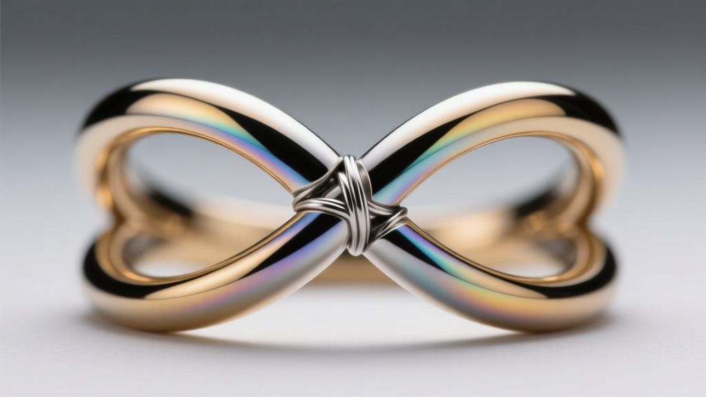 Macro shot of a titanium infinity hoop showing a laser-welded figure-eight intersection against a blurred neutral gray backdrop.