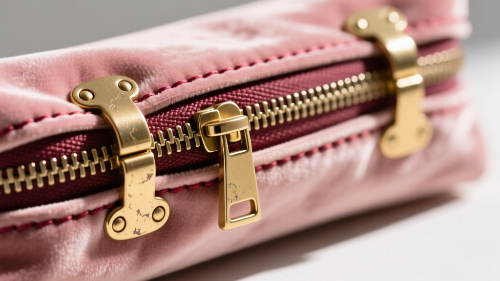 Close-up of solid brass hinges and metal zipper on a dusty rose velvet travel jewelry roll, showing premium contrast stitching.