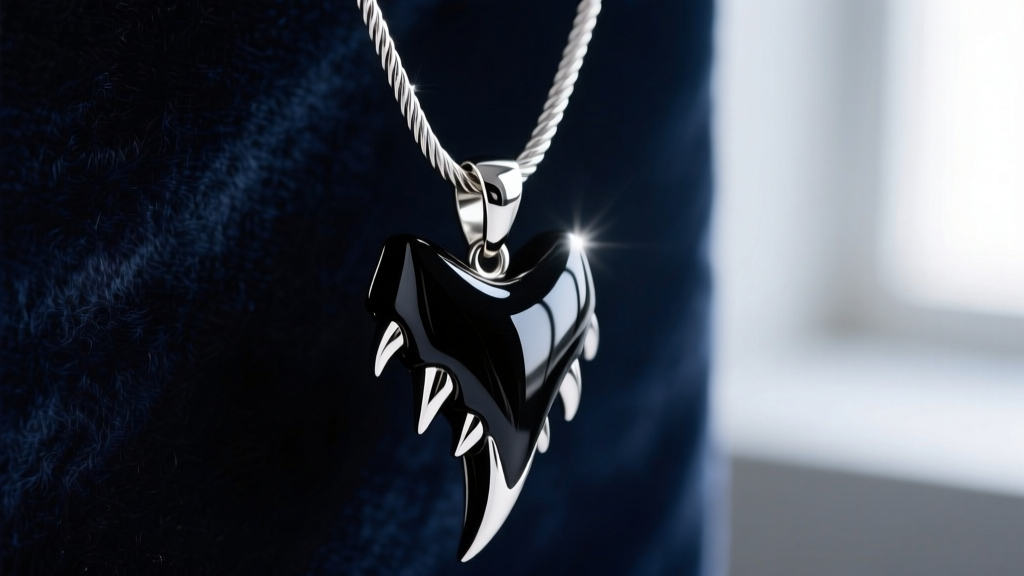 Macro photography of a glossy black epoxy resin fang pendant attached to a 316L stainless steel cable chain on velvet