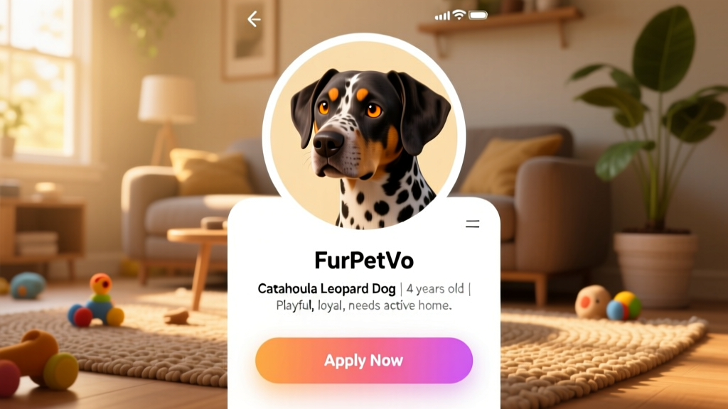 Screenshot-style graphic showing a FurPetVo dog profile page with photo, bio section, and 'Apply Now' button