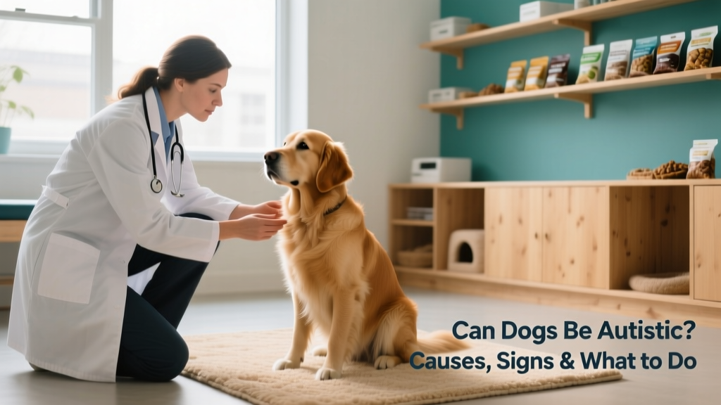 A veterinarian gently observing a calm but reserved dog during a behavior consultation