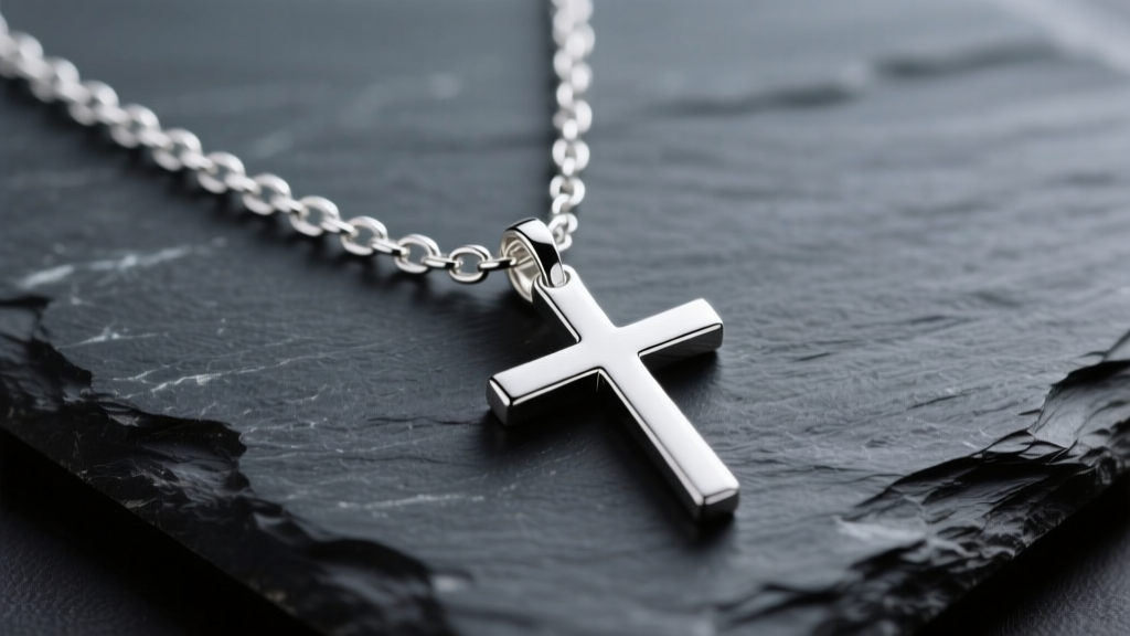 Close-up of a delicate 0.9mm sterling silver box chain holding a minimalist thin cross necklace pendant, resting on dark slate.