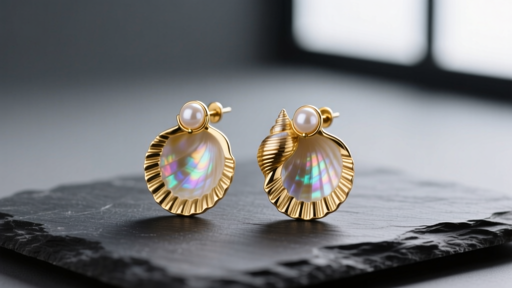 Macro photo of 14k gold seashell earrings with pearl accents on dark slate, highlighting iridescent nacre and carved shell ridges.