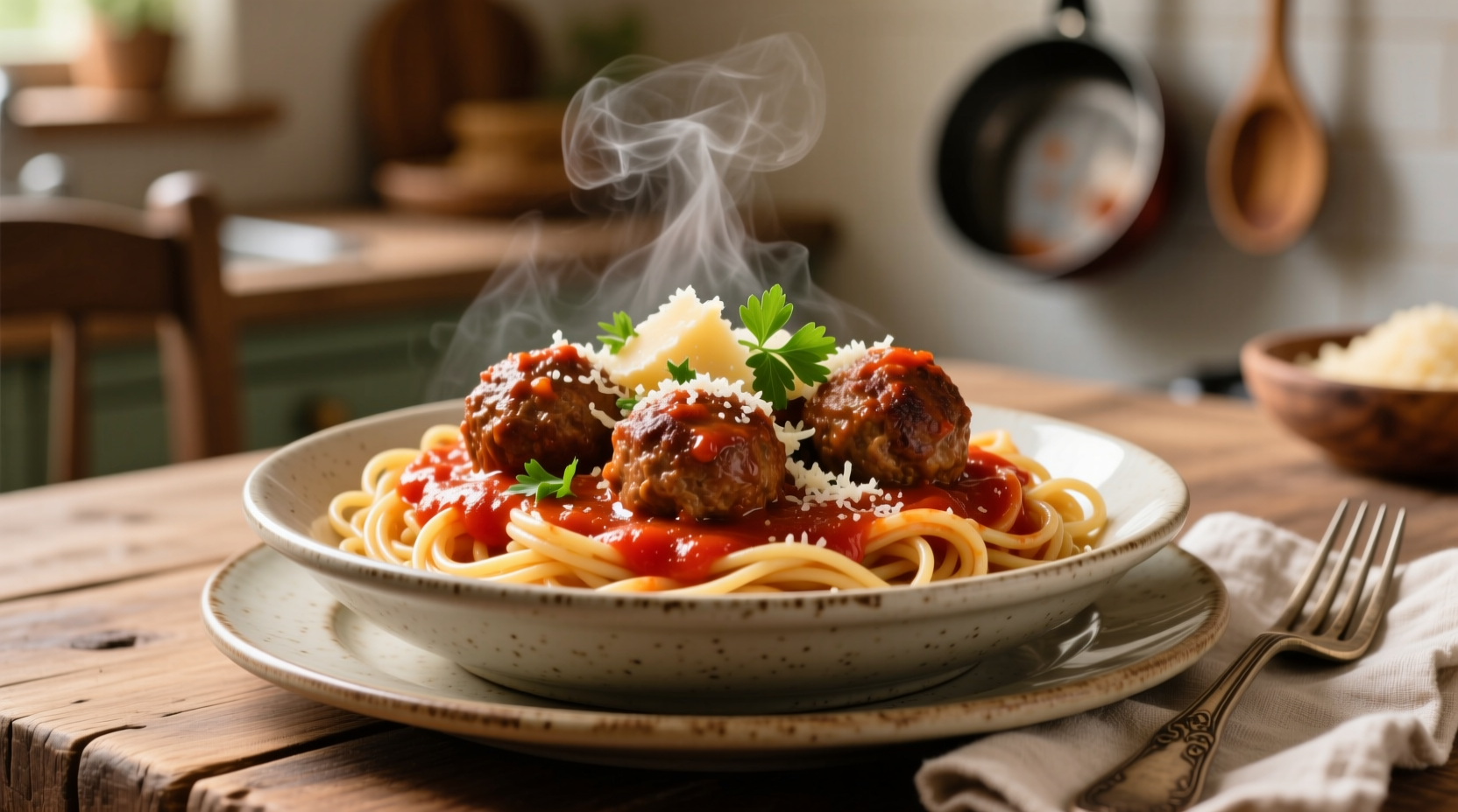 Spaghetti with meatballs in rich tomato sauce
