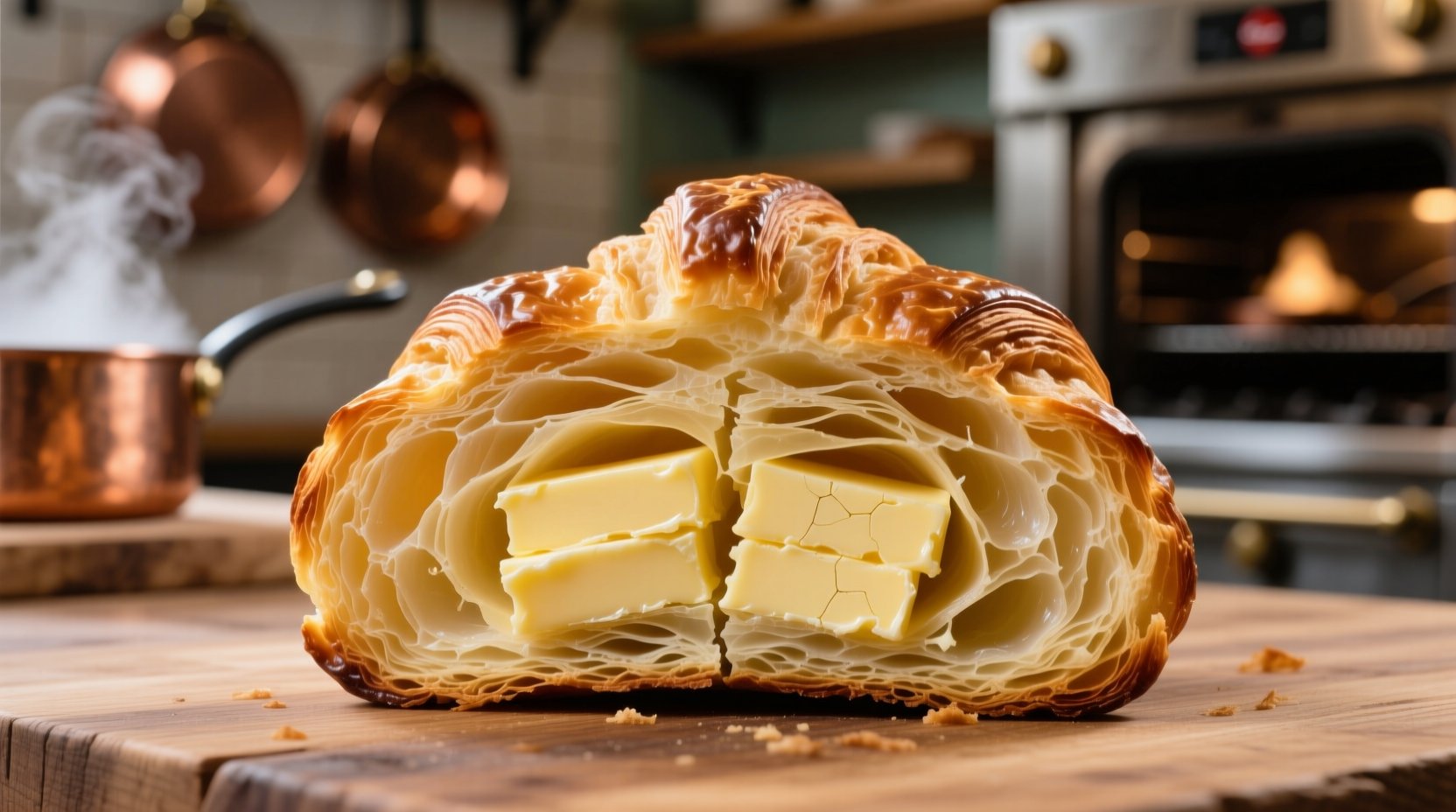 Croissant lamination showing butter layers in dough