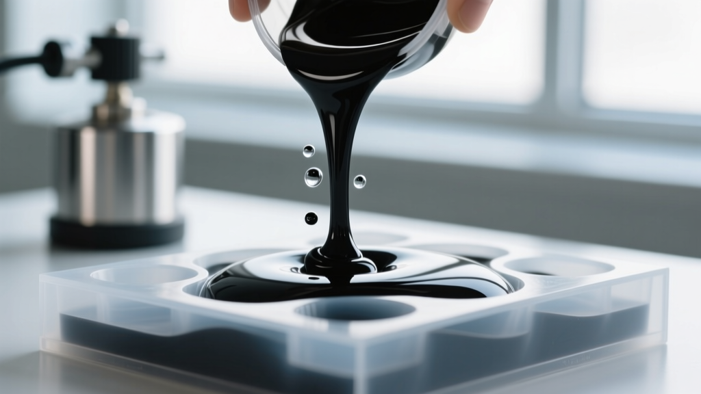 Macro shot of a silicone mold being filled with deep black UV resin, showing a pressure pot chamber in the softly blurred background.