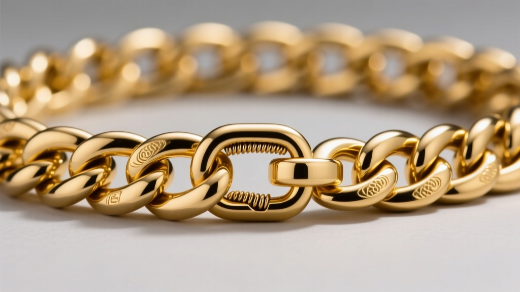 Macro photo of a 14k yellow gold Cuban link chain, focusing on interlocking 3mm links and a secure lobster clasp mechanism.