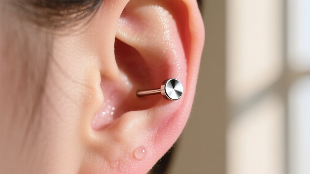 Close-up of a fresh ear lobe piercing with a titanium flat-back stud, lit by soft natural light against a clean neutral wall.