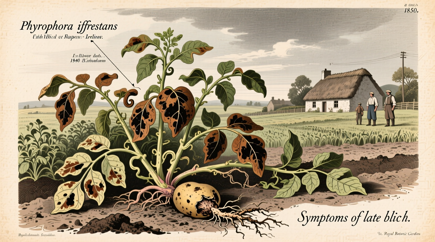 Historical illustration of potato blight infection