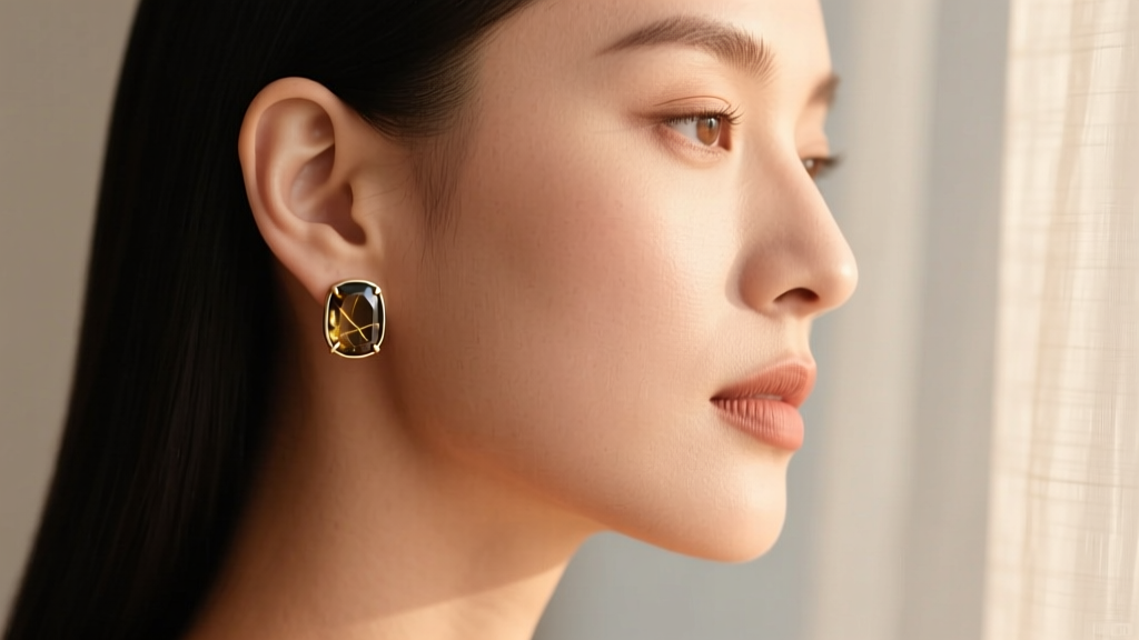 Side profile of a woman wearing 18k white gold Pomellato Nudo stud earrings with smoky quartz, contrasting against warm skin tones