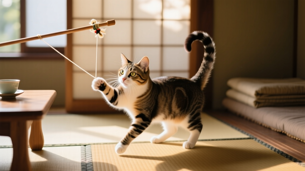 Japanese Bobtail cat batting at a string toy with focused intensity, set against a traditional tatami mat background