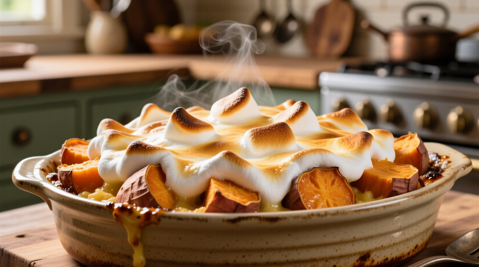 Golden sweet potato casserole with melted marshmallow topping