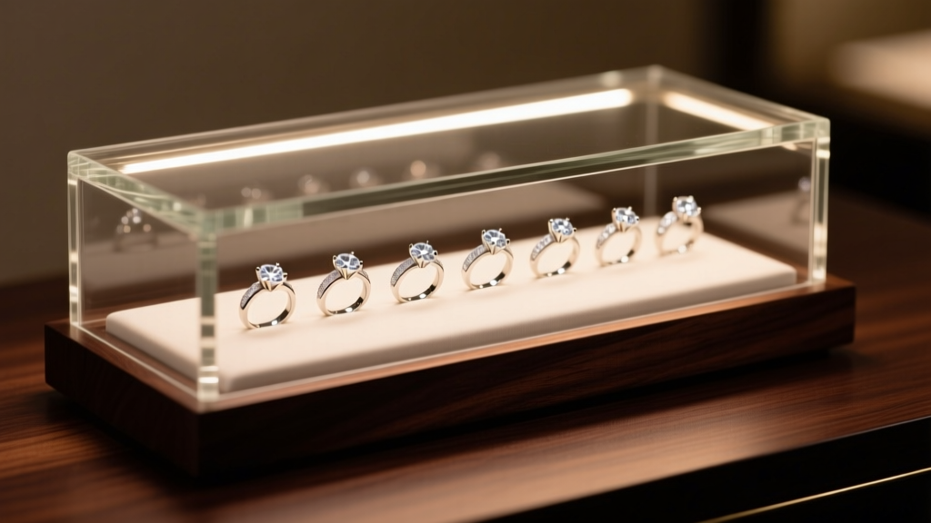Sleek glass jewelry display box on dark walnut, showing diamond rings under warm diffused LED lighting with zero surface glare.