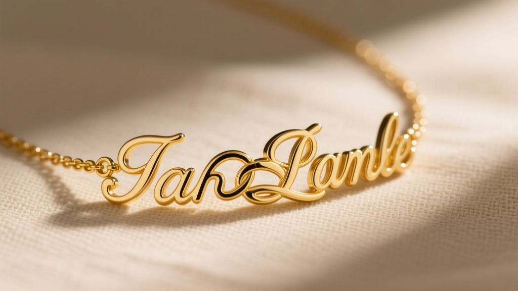 Close-up of a 14k solid gold 2 name necklace with interlocking script fonts resting on a neutral beige linen fabric background