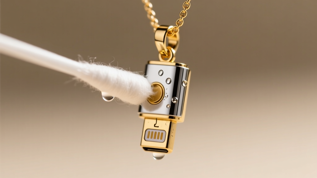 Macro shot of a cotton swab cleaning the gold pogo charging pins on a necklace microphone pendant using 99% isopropyl alcohol.