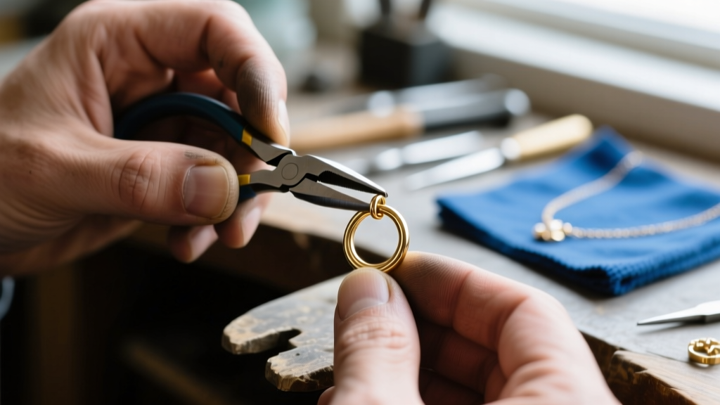 Bench jeweler hands using flat-nose pliers to secure a 2mm seamless jump ring onto a die-struck brass necklace separator finding.