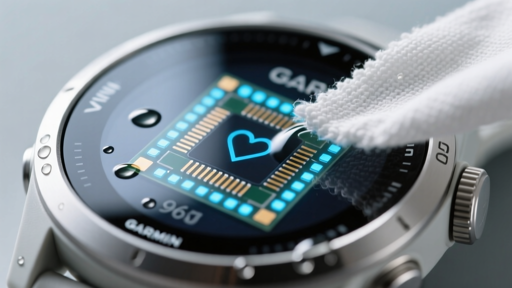 Macro shot of a Garmin Forerunner 965 optical heart rate sensor array being gently wiped with a microfiber cloth and isopropyl alcohol.