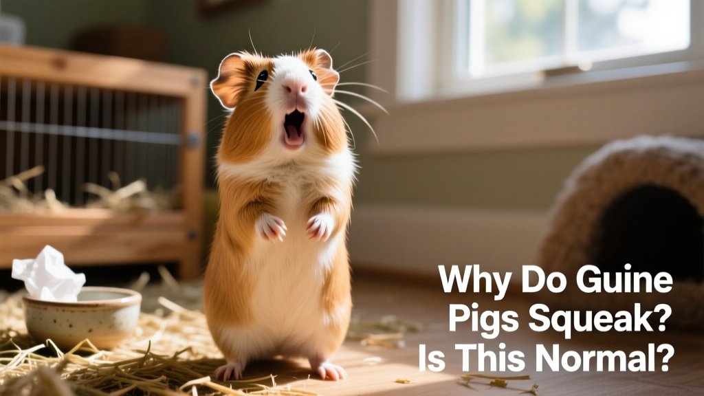 Guinea pig standing upright on hind legs, mouth open mid-wheek, eyes bright and alert