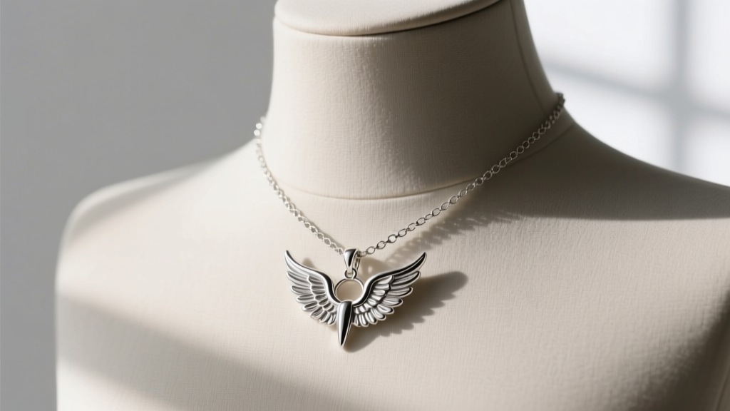 1.2mm sterling silver box chain through an angel wing pendant bail, shown on a mannequin neck under soft natural window light.