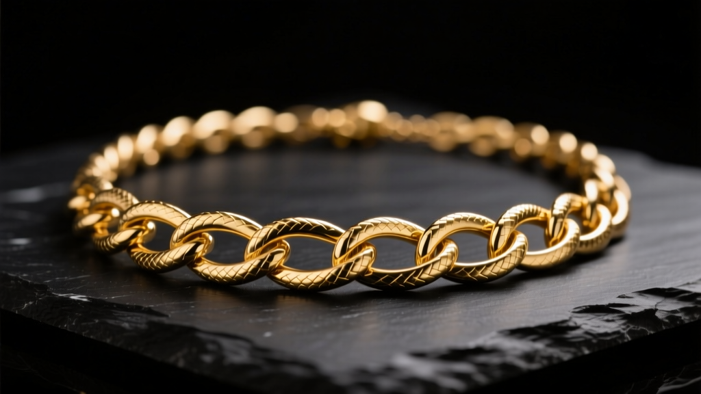 Macro view of a gold serpentine necklace on black slate, showing interlocking S-links under warm studio lighting.