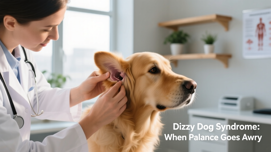 Veterinarian gently examining a dog’s ears and observing eye movement during a vestibular assessment