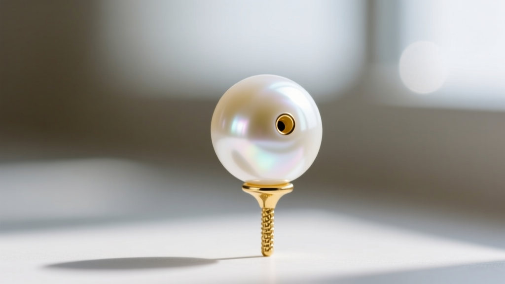 Macro shot of a white Akoya pearl drop attached to a 14k gold post, highlighting the delicate drill hole and metal solder joint.