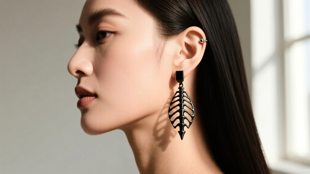 Side profile of a woman showcasing a minimalist 18-gauge black PVD titanium ribcage dangle earring on her lower lobe piercing.