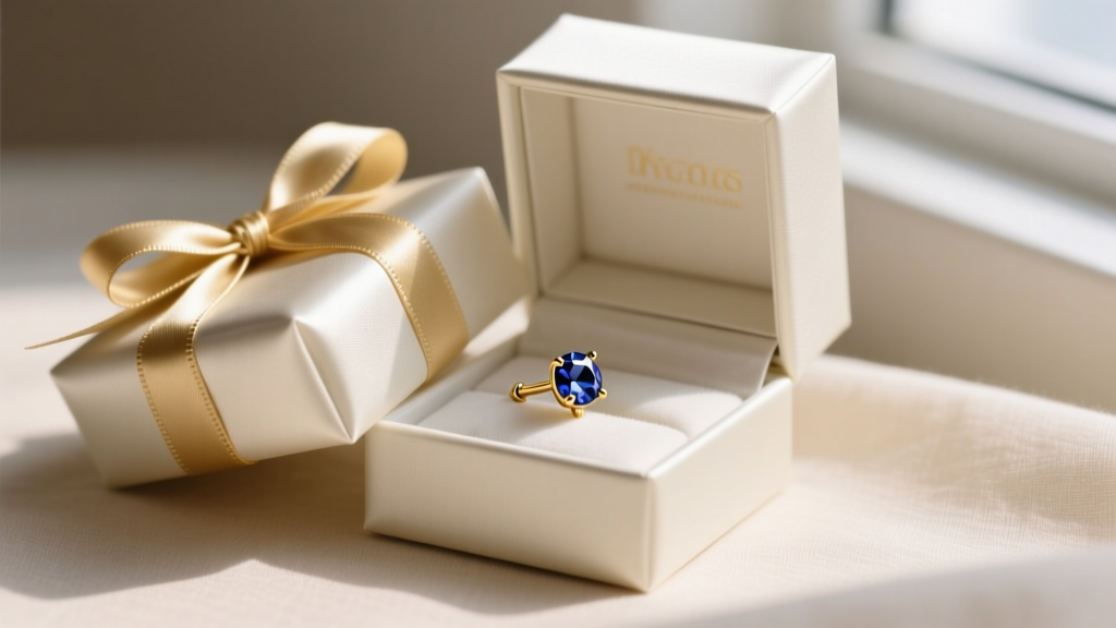 A beautifully wrapped jewelry gift box opening to reveal a threadless 16g gold cartilage stud with a prong-set sapphire gemstone