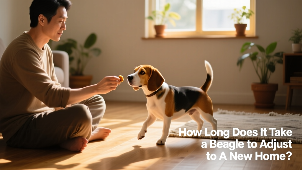 A person sitting calmly on the floor beside a curious beagle, offering a treat