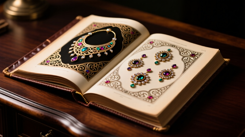 A vintage dictionary open to illustrated ear ornaments on a dark oak desk, illuminated by soft, warm, directional studio lighting.