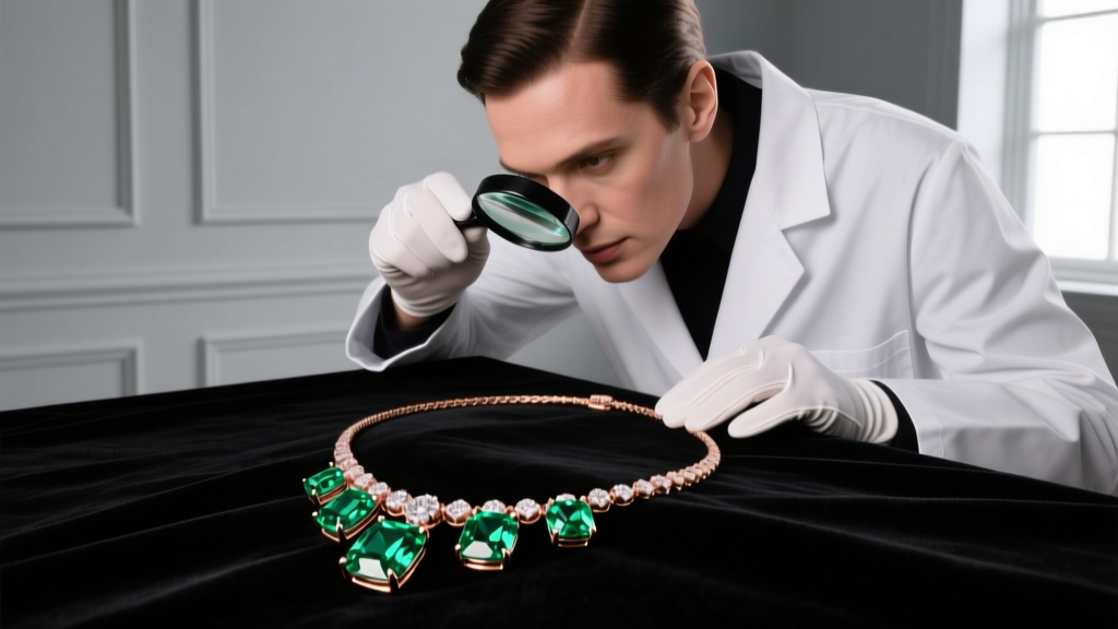 Jeweler using a loupe to inspect color matching on a 14k rose gold 5 diamond necklace with graduated emerald cut stones