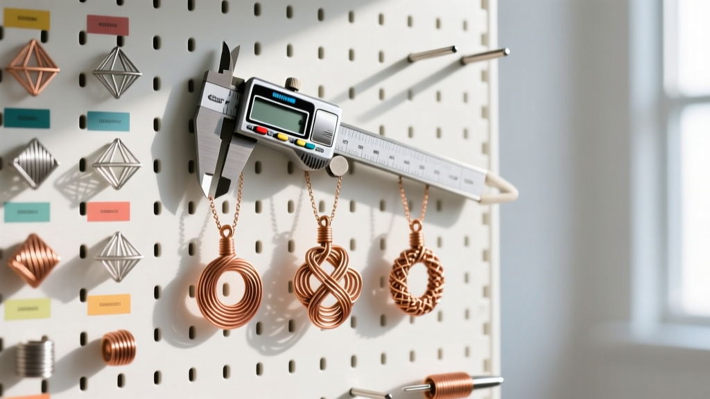 Organized pegboard displaying various wire-wrapping mandrels, a digital caliper, and three finished woven copper wire pendants