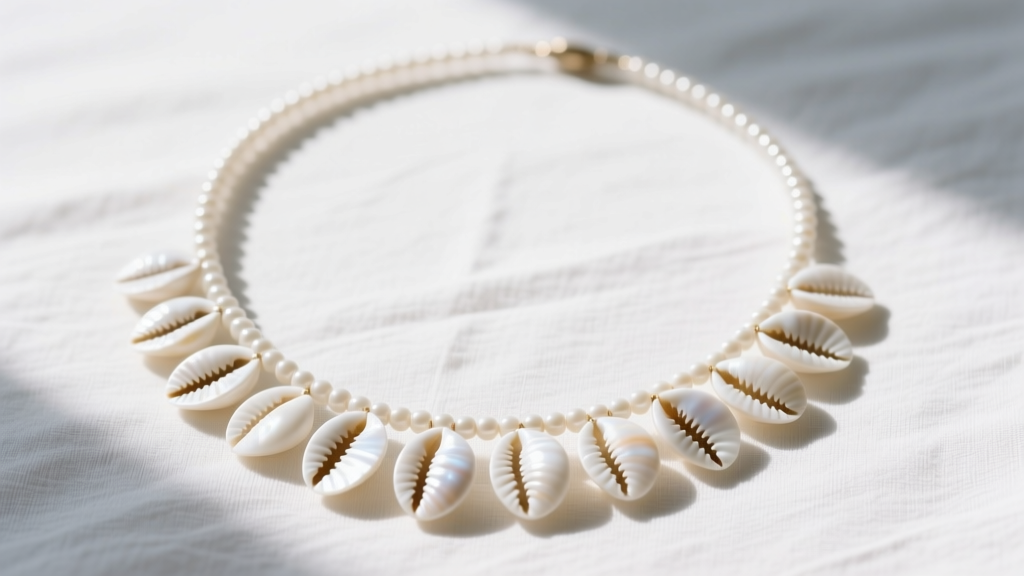 Overhead view of a Hawaiian lay necklace made of natural white puka shells and a seed bead strand resting on light linen fabric
