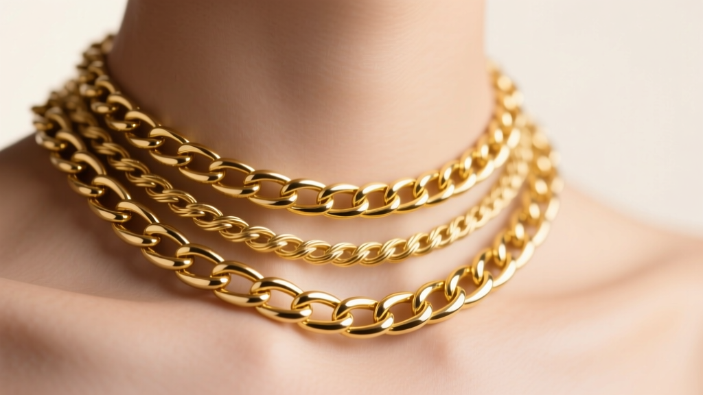 Macro shot of layered 14k yellow gold curb and cable chains resting gracefully on a collarbone, soft studio lighting, sharp focus.