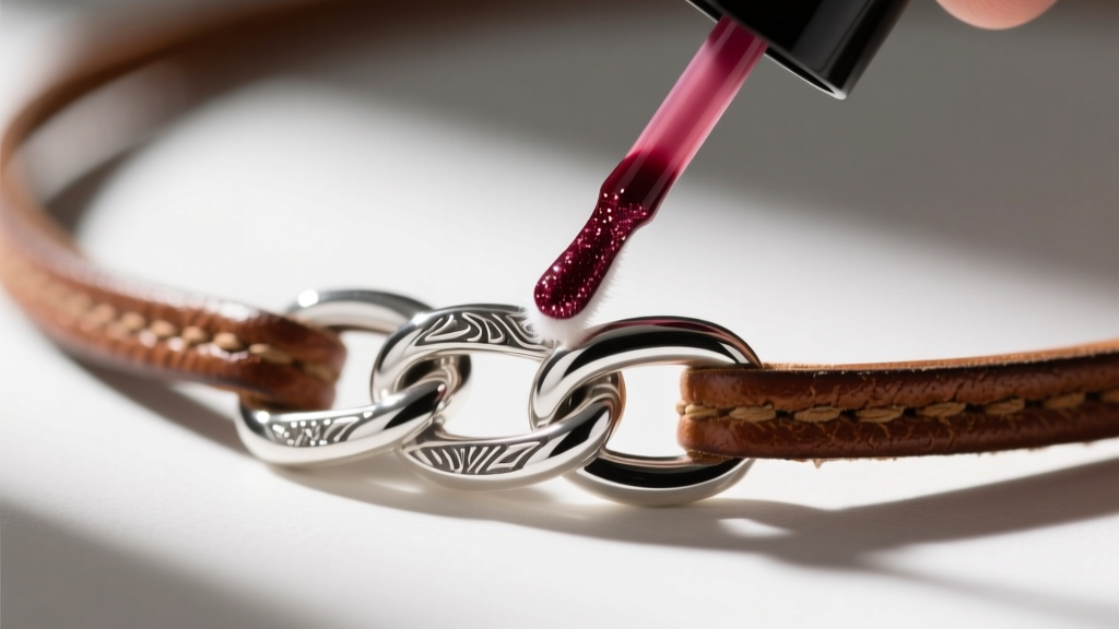 Cotton swab applying polish to a sterling silver link next to a brown leather cord on a luxury necklace in macro view.