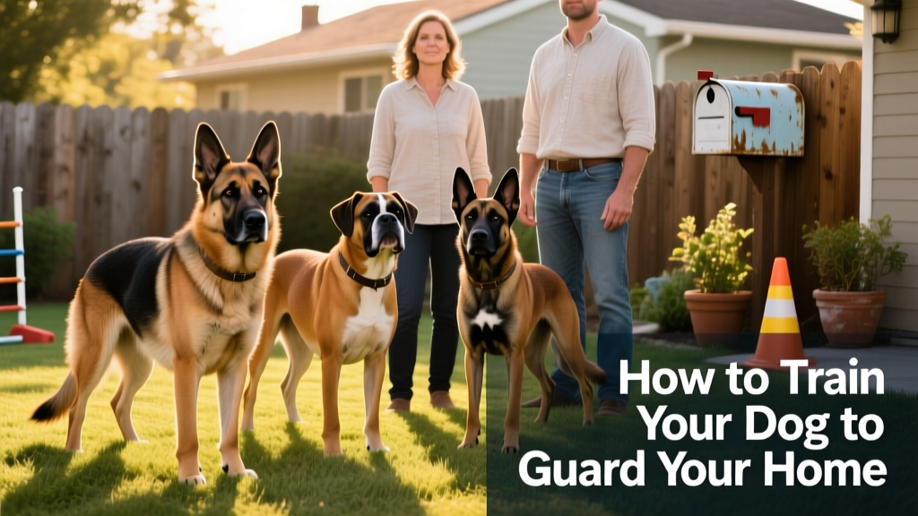 A diverse group of calm, focused dogs—including a German Shepherd, a Boxer, and a Belgian Malinois—standing attentively beside their owners in a suburban yard