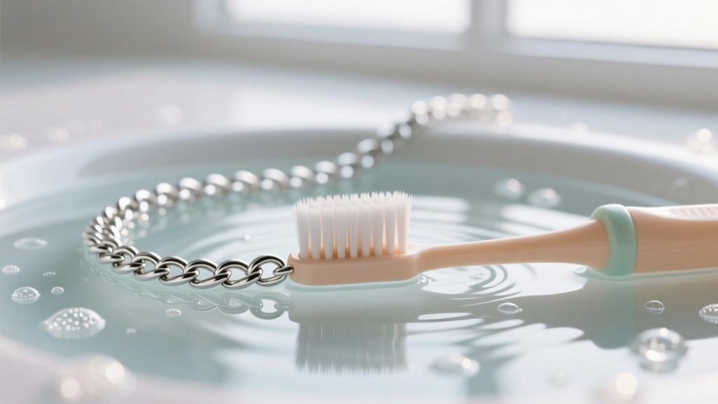 Soft baby toothbrush gently scrubbing the crevices of a sterling silver serpentine chain submerged in a mild soapy water bath.