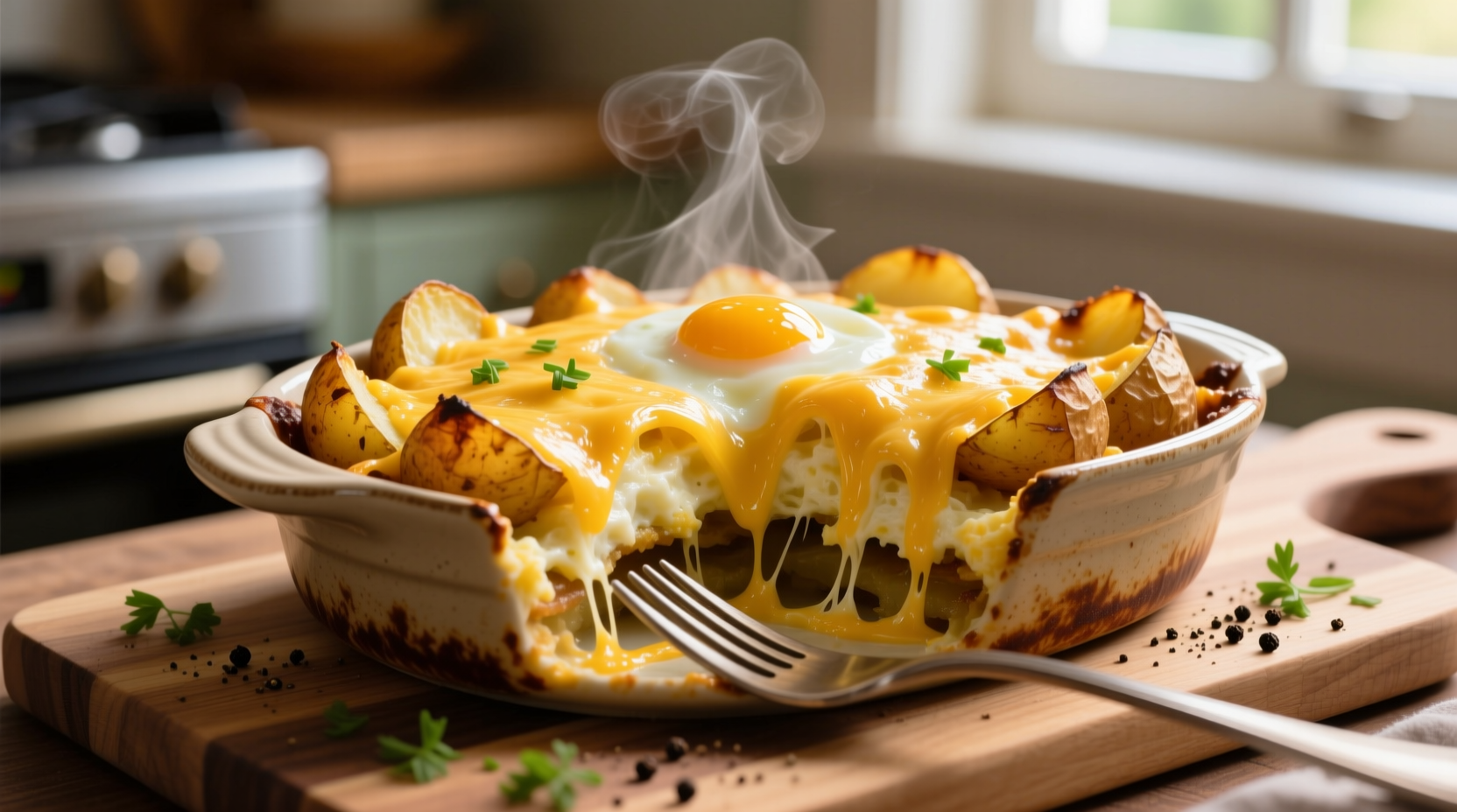 Golden egg and potato bake with melted cheese topping