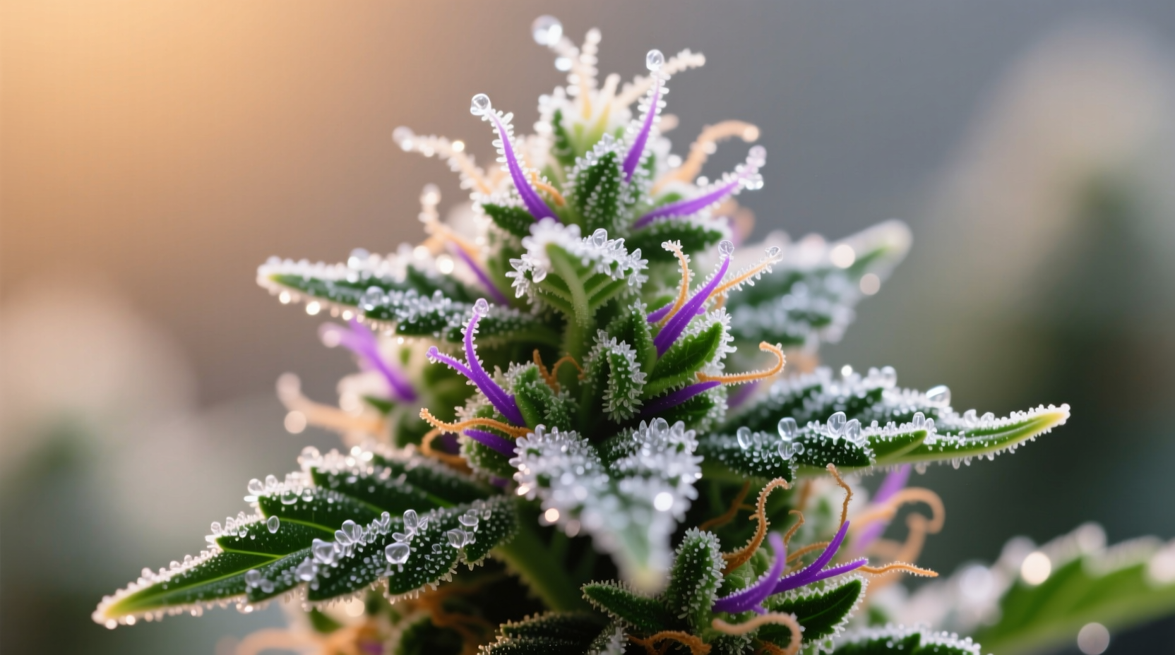 Close-up of garlic mints strain buds showing frosty trichomes
