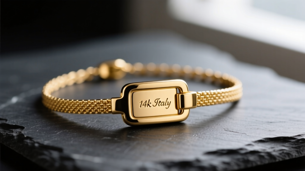 Macro photography of a gold necklace clasp stamped with 14k Italy and a tiny makers mark, resting on a dark slate surface